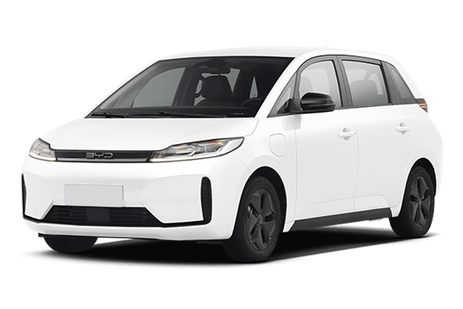 BYD D1 electric MPV in white, front three-quarter view facing left; model recognition reference, specifications vary by year and market