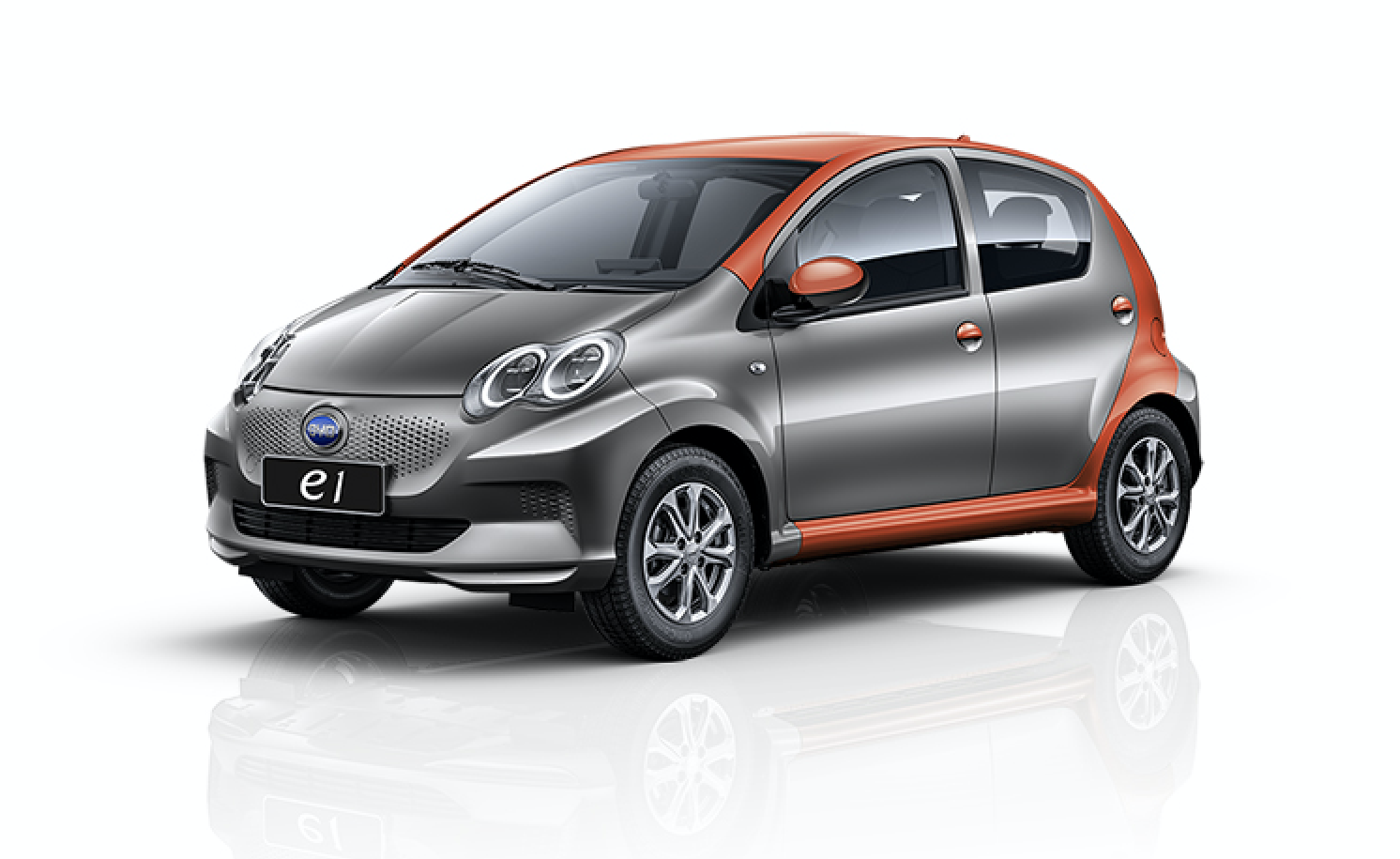 BYD e1 electric hatchback in gray and orange, front three-quarter view facing left; model recognition reference, specifications vary by year and market