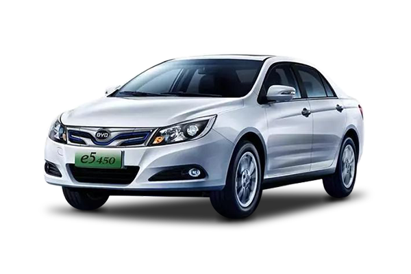 BYD e5 450 electric sedan in white, front three-quarter view facing left; model recognition reference, specifications vary by year and market