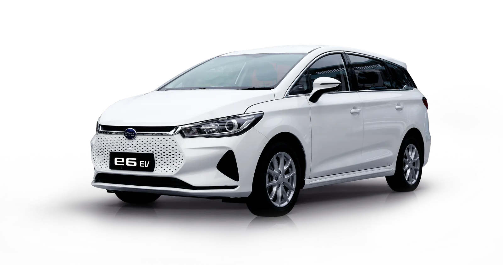 BYD all-new e6 EV in white, front three-quarter view facing left; model recognition reference, specifications vary by year and market