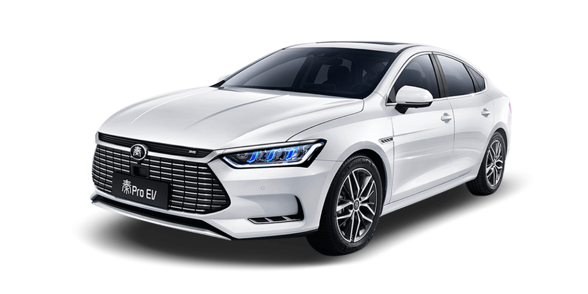 BYD Qin Pro EV, white sedan, front three-quarter view; model recognition reference, specifications vary by year and market