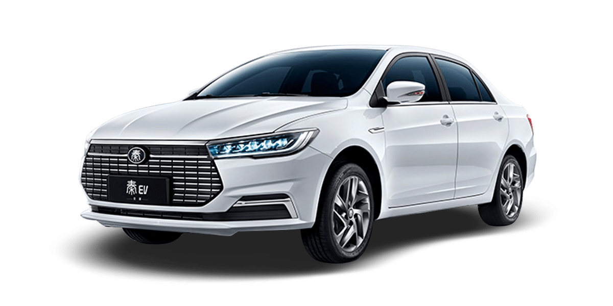 BYD Qin EV, white sedan, front three-quarter view; model recognition reference, specifications vary by year and market