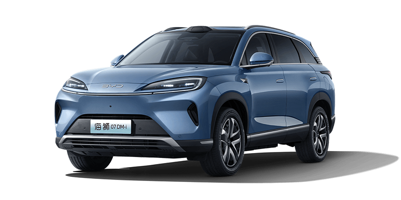 BYD SEALION 07 DM-i, front three-quarter view facing left; model recognition reference, specifications vary by year and market